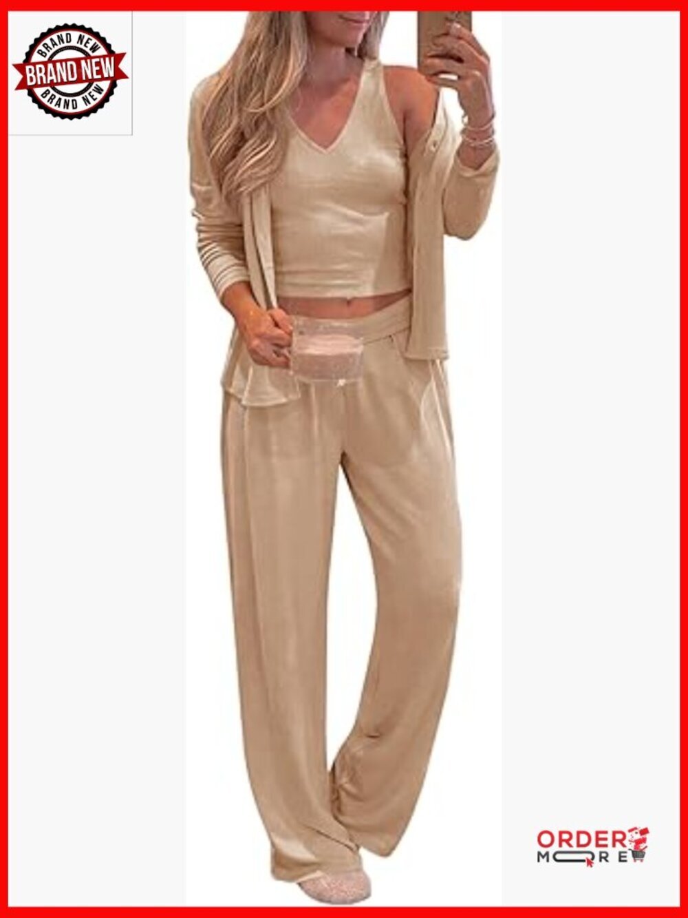 3 Piece Pajama Set Long Sleeve V Neck Tank Top Wide Leg Pants Lounge Set